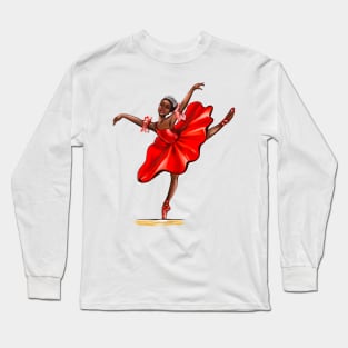 Ballet in red pointe shoes, dress and crown - ballerina doing pirouette in red tutu Long Sleeve T-Shirt